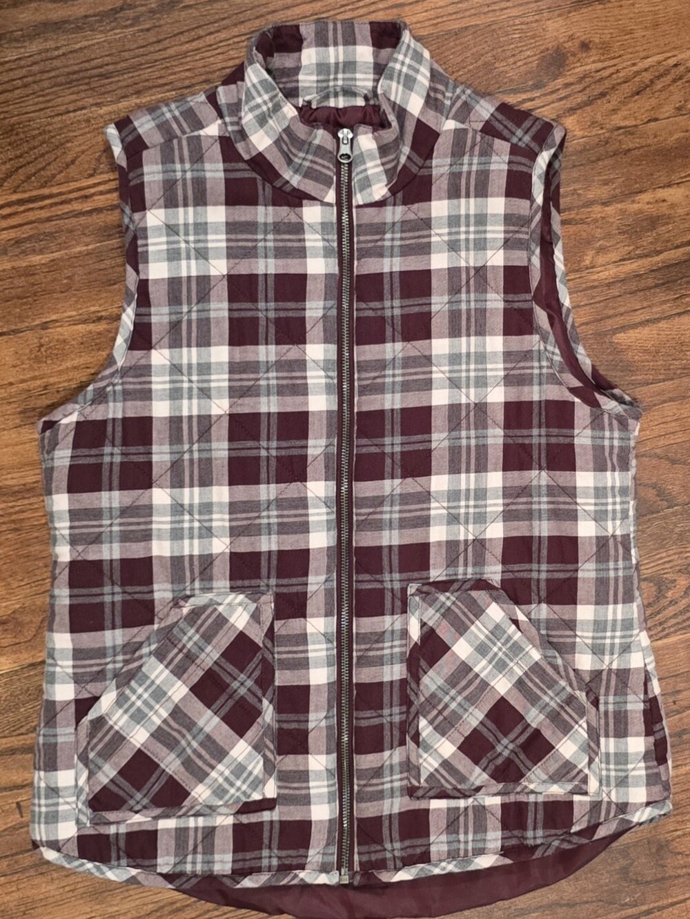 Maurices Burgundy and White Plaid Quilted Vest For Women Sz M